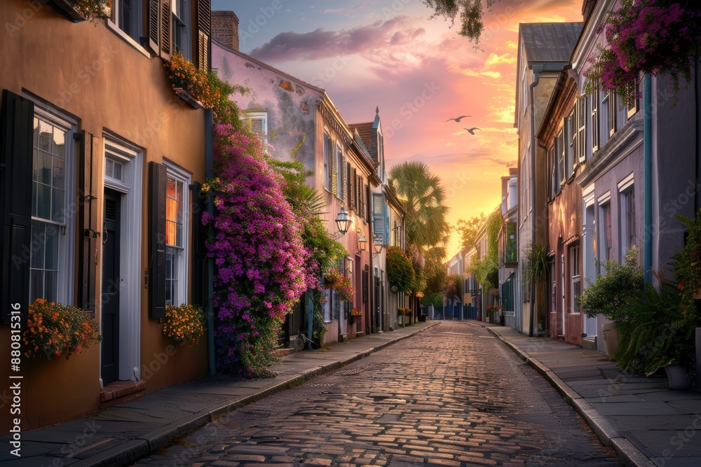 Fototapeta premium A street with a brick sidewalk and a row of houses. The houses are painted in different colors and have flowers in front of them