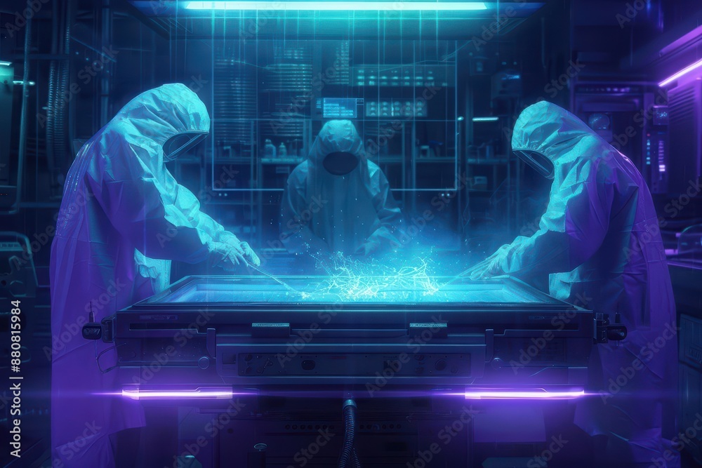 A supernatural scene unveils researchers wielding luminescent tools to summon rain and restore balance, merging hightech visuals with abundant copy space A supernatural scene unveils researchers wielding luminescent tools to summon rain and restore balance, merging hightech visuals with abundant copy space