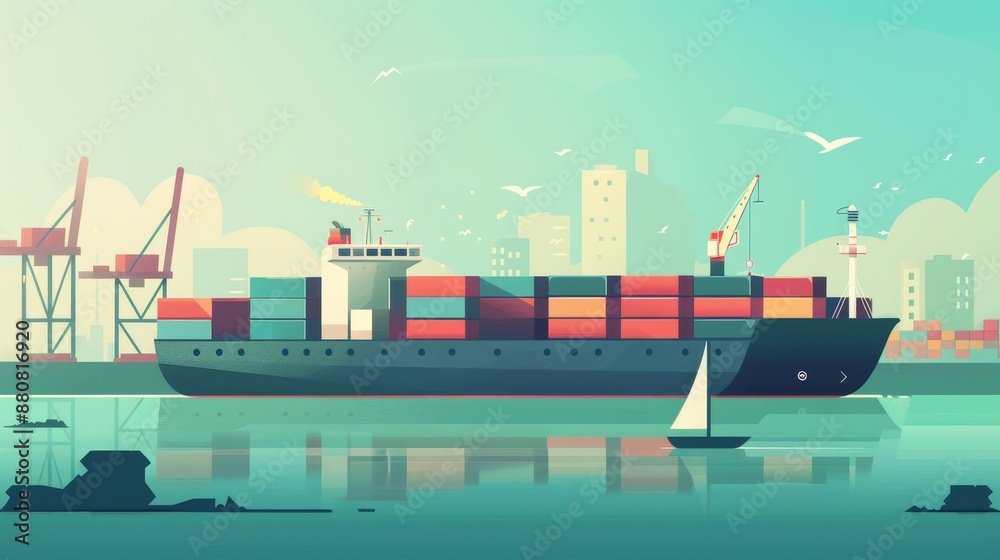 Obraz premium Modern Flat Design of a Cargo Ship with Containers Sailing in a Bustling Port