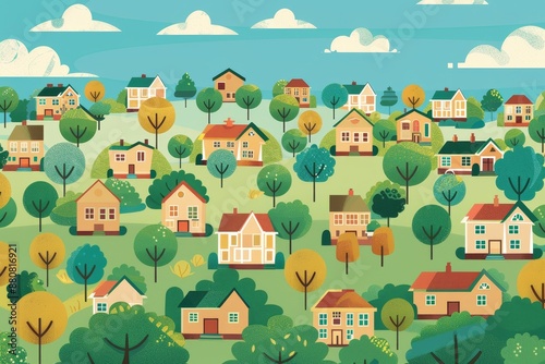 Modern Flat Design of Suburban Neighborhood with Houses for Sale, Lush Trees, and Community Park in Residential Area