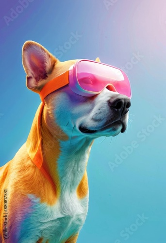Stylish Dog Wearing Pink Sunglasses Against Colorful Background