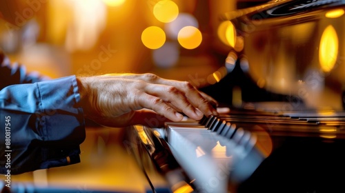 A man is playing the piano with his hands. Concept of relaxation and enjoyment as the man plays the instrument. The piano is a beautiful and elegant instrument