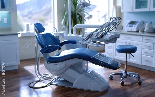 A dentist's office with a blue chair and a white stool photo