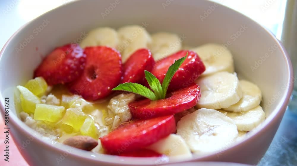 Oatmeal, middle-aged woman having fun cooking breakfast from oat grains, oatmeal in the kitchen. Closeup working mom cooking healthy meal modern diet planning, hand Oatmeal, middle-aged woman having fun cooking breakfast from oat grains, oatmeal in the kitchen. Closeup working mom cooking healthy meal modern diet planning, hand