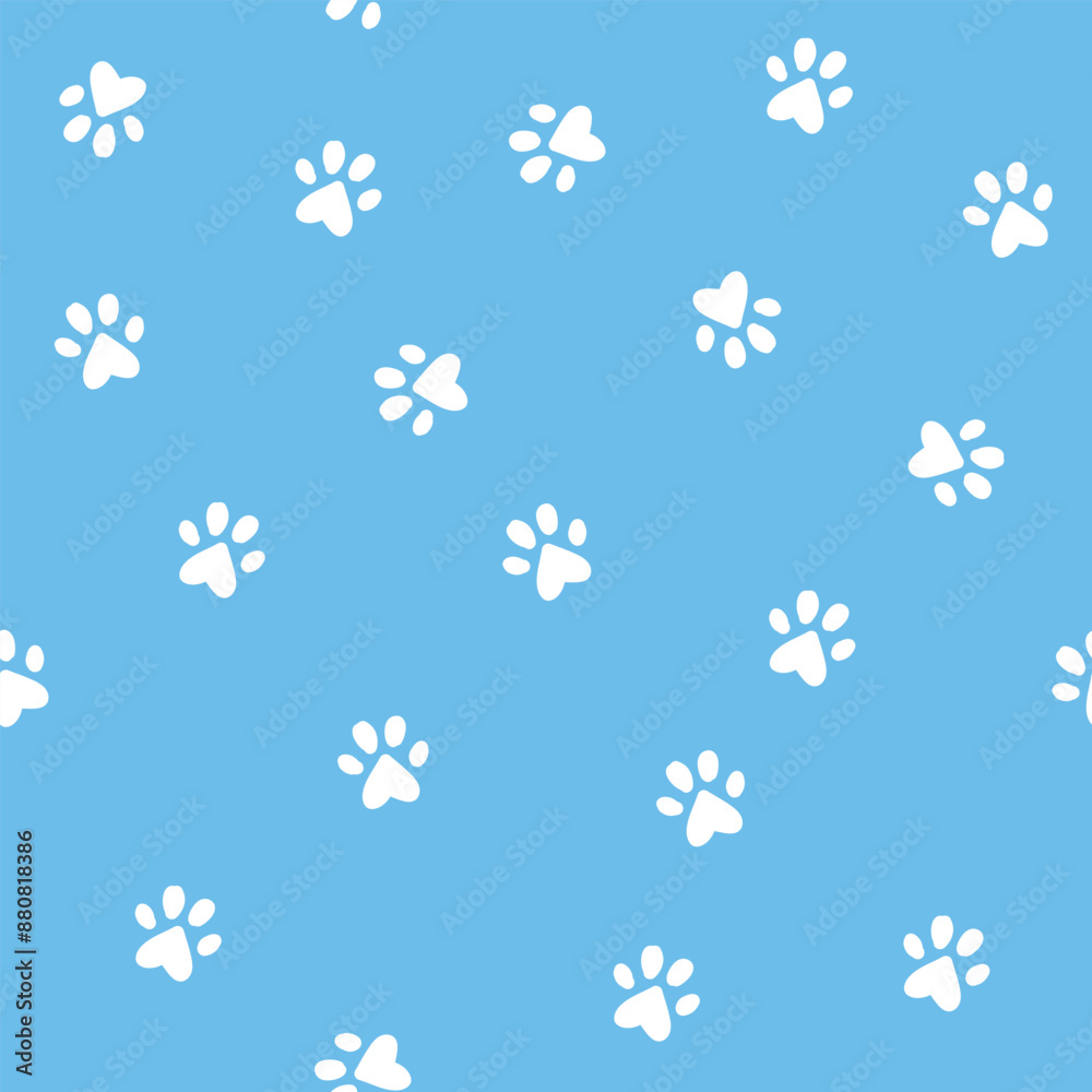 Cat paw texture, blue background, little paws seamless pattern