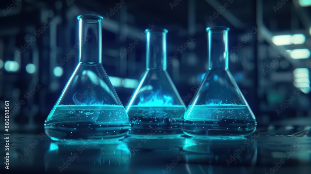 Amidst a supernatural scene, crystalline beakers filled with luminous potions react to unseen forces, providing a hightech ambiance with plenty of copy space Amidst a supernatural scene, crystalline beakers filled with luminous potions react to unseen forces, providing a hightech ambiance with plenty of copy space