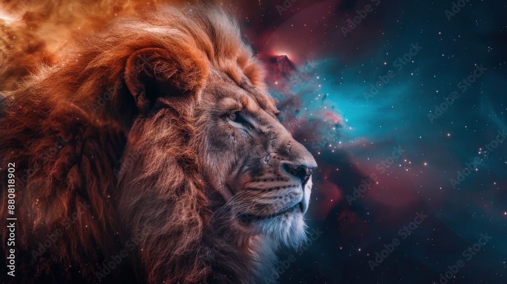 Naklejka premium A lion is staring at the camera with a blue and red background. The lion is the main focus of the image, and the background is a mix of blue and red colors. The image has a dreamy
