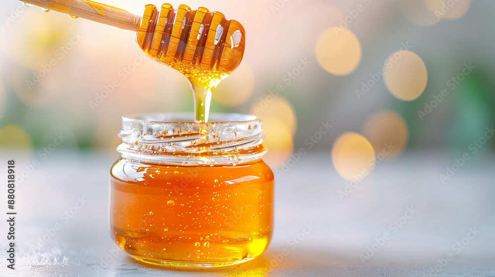 Golden Honey Dipper Drizzle. Organic Jar with Pure Liquid Honey. Close-Up Food Photography Golden Honey Dipper Drizzle. Organic Jar with Pure Liquid Honey. Close-Up Food Photography