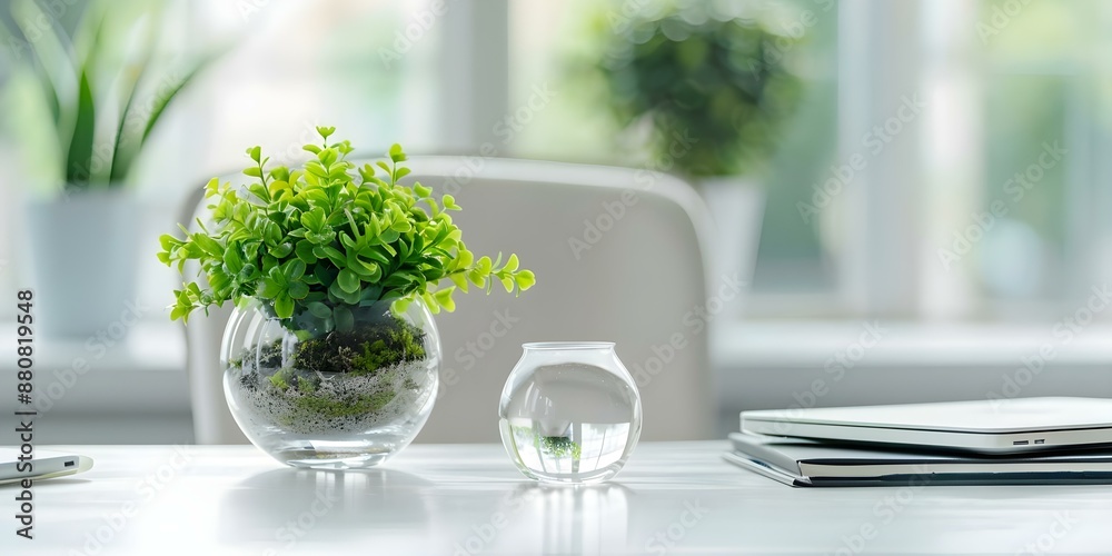 Desk with Built-In Planter or Terrarium Bringing Nature Indoors. Concept Desk Decor, Indoor Plants, Terrarium Ideas, Workspace Greenery, Nature in Office Desk with Built-In Planter or Terrarium Bringing Nature Indoors. Concept Desk Decor, Indoor Plants, Terrarium Ideas, Workspace Greenery, Nature in Office
