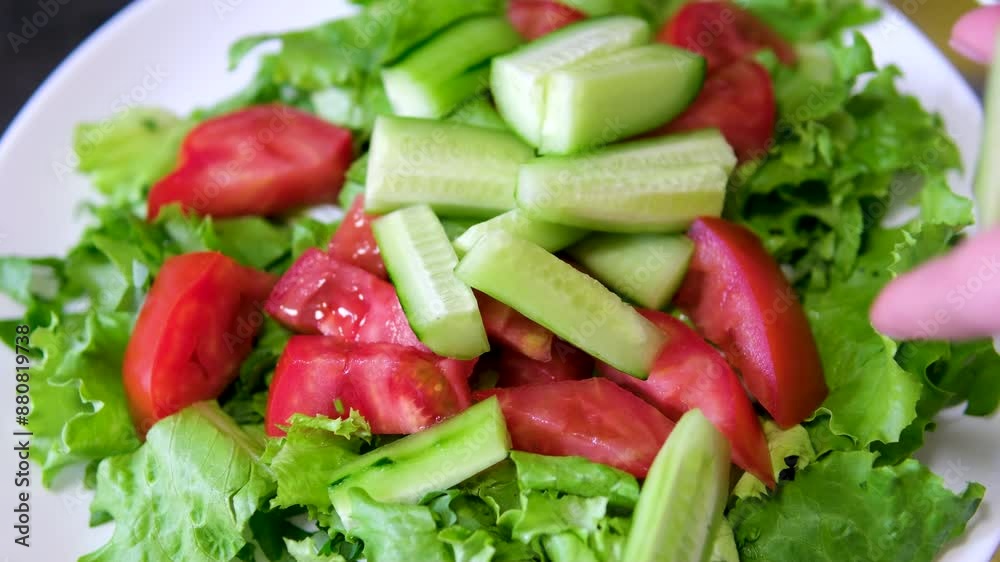 Preparation of the green lettuce, arugula and cucumbers salad in a bowl close up Preparation of the green lettuce, arugula and cucumbers salad in a bowl close up