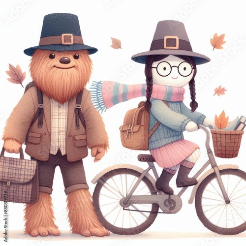 A furry creature and a girl with glasses in pilgrim hats ride a bike in autumn.