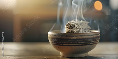 Burning sage bundle in bowl creates serene atmosphere during spiritual ritual. Concept Spiritual Rituals, Serene Atmosphere, Burning Sage, Cleansing Energy, Healing Practice