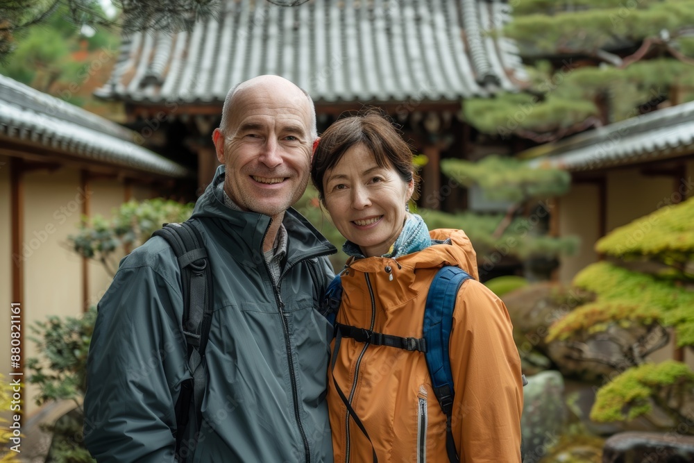 Portrait of a smiling couple in their 30s wearing a functional windbreaker in front of backdrop of a traditional japanese garden