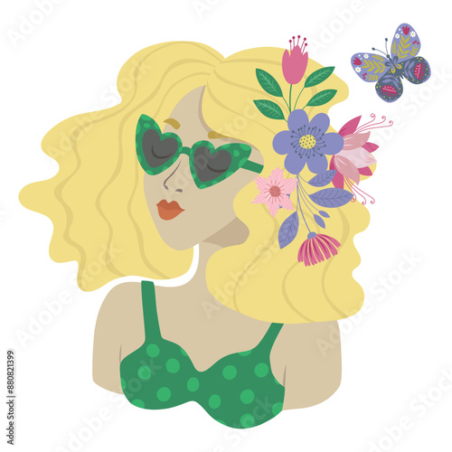 Vector Illustration of Retro Woman with Flowers. photo