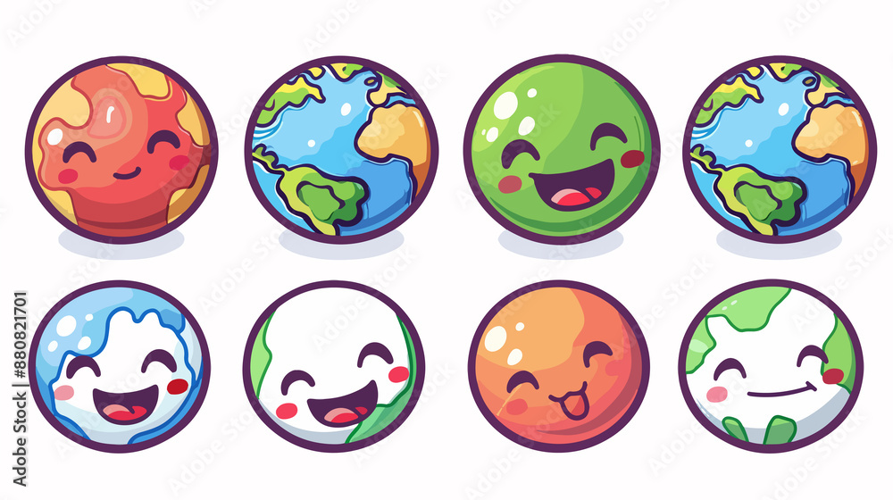 Fototapeta premium earth Icon, Funny Cartoon Kawaii Character, Chibi Sticker Collection 