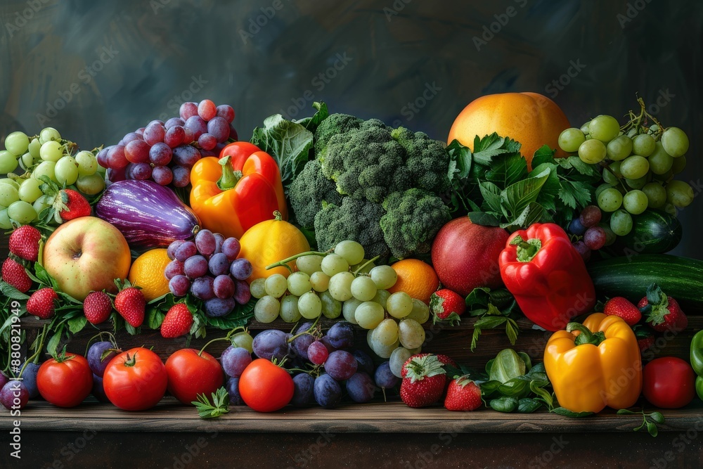Fresh and Vibrant Assortment of Fruits and Vegetables on Rustic Wooden Table