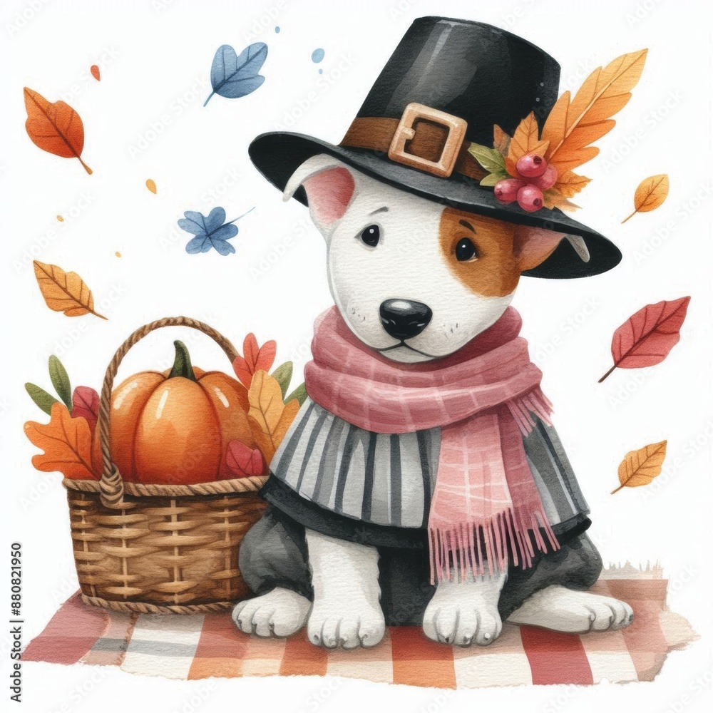 Cute cartoon dog wearing pilgrim hat and scarf, holding pumpkin in a basket, autumn leaves falling around. Cute cartoon dog wearing pilgrim hat and scarf, holding pumpkin in a basket, autumn leaves falling around.