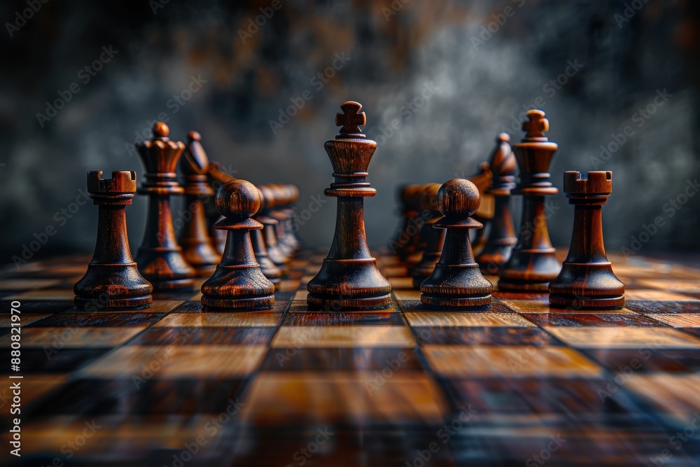 Intricate Wooden Chess Pieces on a Checkered Board with Blurred Background in Warm Lighting
