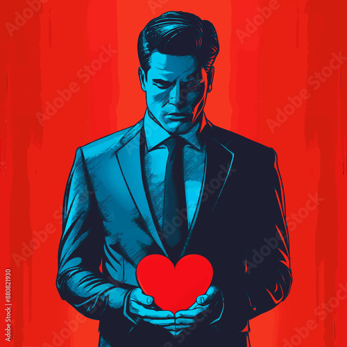 An elegant businessman in a suit holds a heart, symbolizing the emergence of sentiment and love even in a life devoted to business and professionalism.
