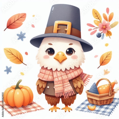 Cute cartoon eagle wearing a pilgrim hat, scarf, and holding a basket of pumpkins. Perfect for Thanksgiving.