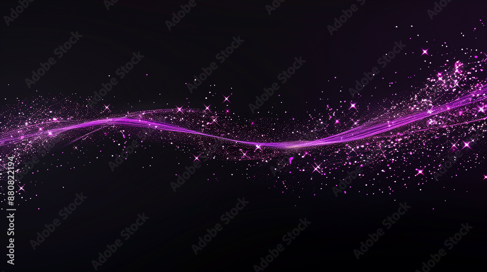 Obraz premium A stream of purple glitter appears on a black background. The glitter fell in a way that looked like it was blown by the wind. The scene was quirky and fun.