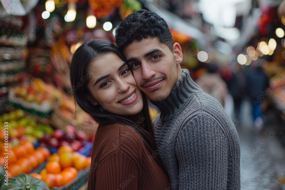 Portrait of a tender latino couple in their 20s wearing a classic turtleneck sweater in front of bustling urban market Portrait of a tender latino couple in their 20s wearing a classic turtleneck sweater in front of bustling urban market