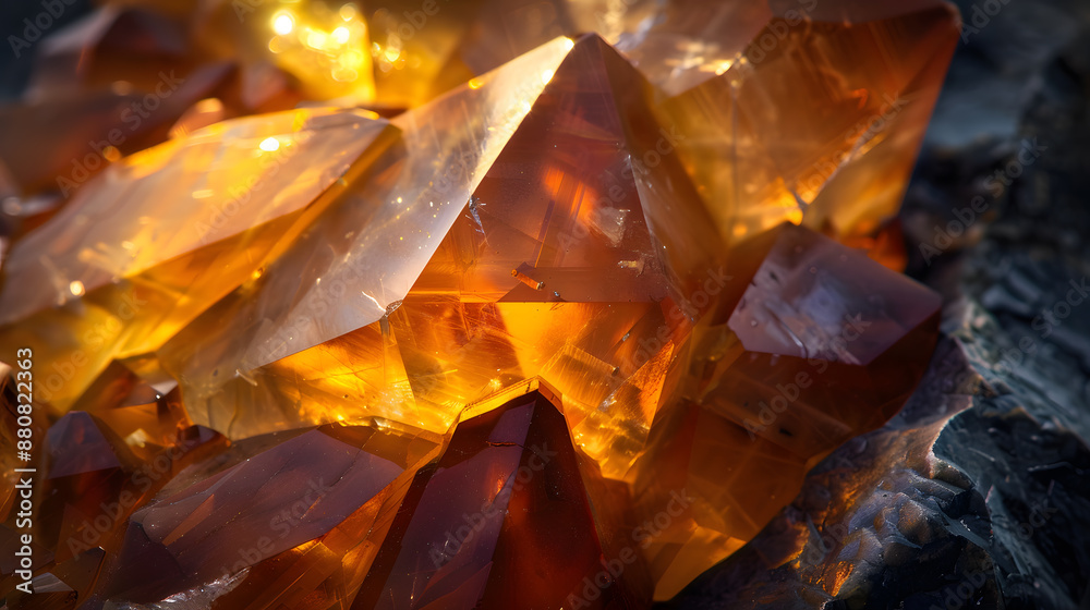 A large, shiny, yellow crystal sits on a rock A large, shiny, yellow crystal sits on a rock