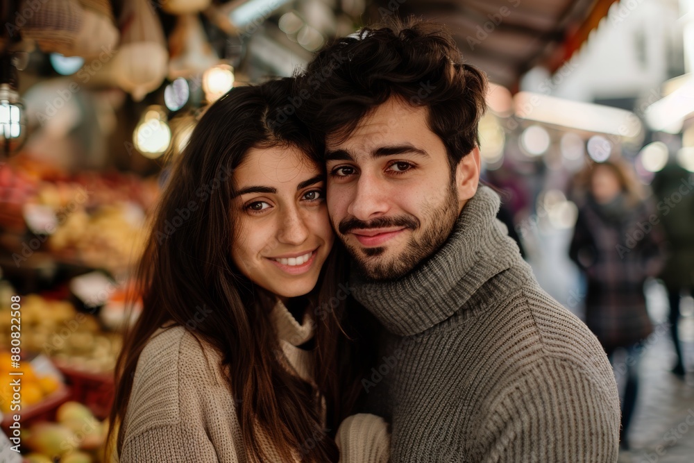 Fototapeta premium Portrait of a tender latino couple in their 20s wearing a classic turtleneck sweater on bustling urban market
