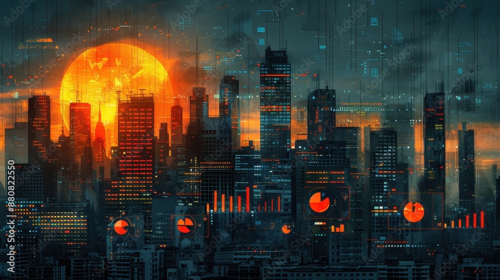 Fototapeta premium Futuristic cityscape at dusk with digital financial graphs overlaying skyscrapers, capturing the essence of modern technology and urban life.