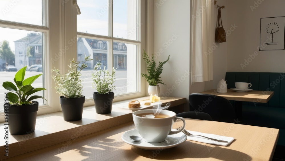 Breakfast and a cup of tea at a cafe with Nordic interior Breakfast and a cup of tea at a cafe with Nordic interior