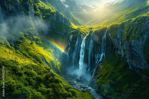 Majestic Waterfall Cascading Through Lush Green Valley with Rainbow and Sunlight in Scenic Mountain Landscape