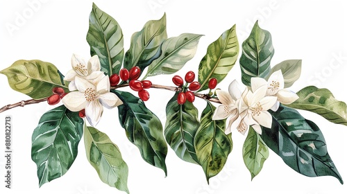 Watercolor illustration of a coffee branch with flowers and berries.