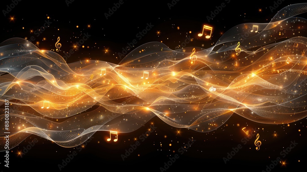 Obraz premium Vibrant musical notes and glowing waves on a dark background, creating an artistic and dynamic musical illustration.