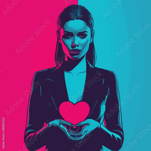 A woman gracefully holds a glowing heart, symbolizing love and dedication. Her tranquil expression and elegant posture embody deep emotional and spiritual connection.