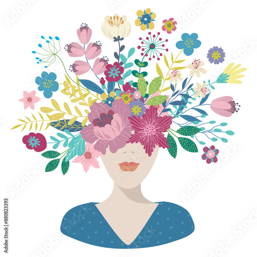 Vector Illustration of Woman Head with Flowers.