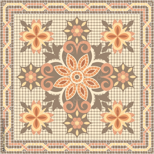 Mosaic classic floral ornament in pink and beige colors. For ceramics, tiles, ornaments, backgrounds and other projects.