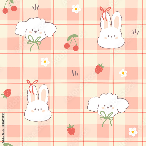 Gingham seamless vector pattern with kawaii bunny rabbit and dog puppy poodle with summer berries. Tartan check for tablecloths, napkins, clothes, packaging. Cute childish background, pastel palette