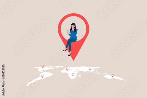Business woman working remotely with computer laptop on location map pin. Expansion business, remote job or distance work, virtual office or working anywhere