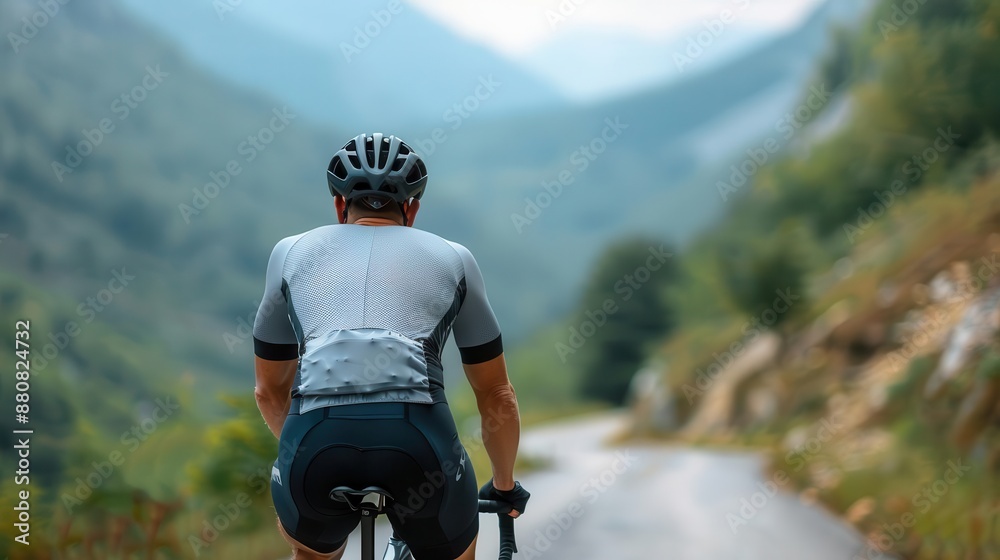 Obraz premium Cyclists backside in tightfitting cycling gear, riding through a scenic route, representing endurance, Backside, Apparel, Cycling