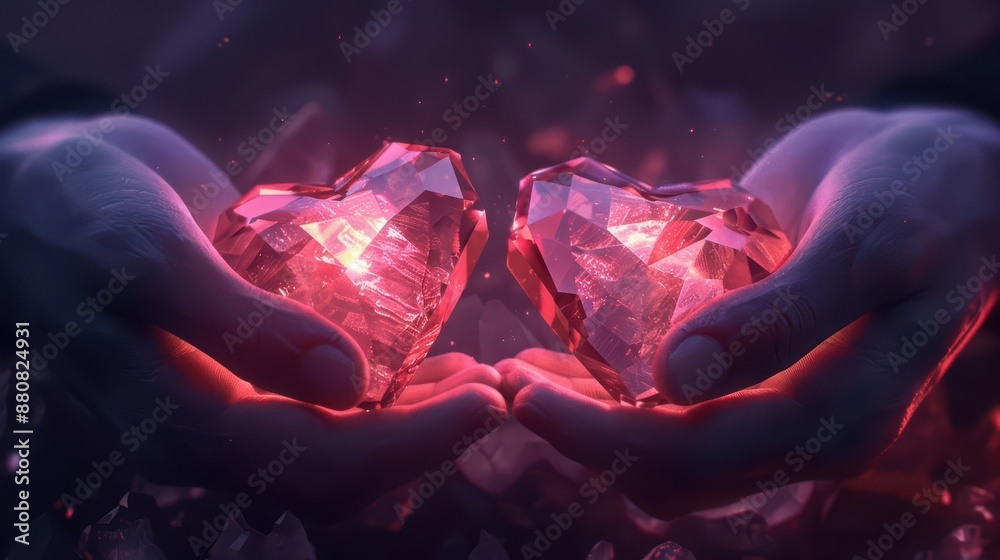 In a supernatural scene, two ethereal lovers exchange glowing heartshaped crystals that pulse with energy, merging a hightech aesthetic with ample copy space In a supernatural scene, two ethereal lovers exchange glowing heartshaped crystals that pulse with energy, merging a hightech aesthetic with ample copy space