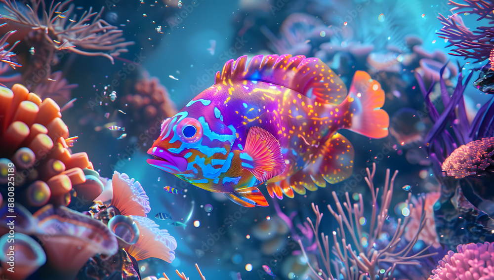 A stunningly vibrant fish swims gracefully through a colorful coral reef The fish's scales are a mesmerizing blend of bright colors, reflecting the lively and diverse underwater ecosystem surrounding A stunningly vibrant fish swims gracefully through a colorful coral reef The fish's scales are a mesmerizing blend of bright colors, reflecting the lively and diverse underwater ecosystem surrounding