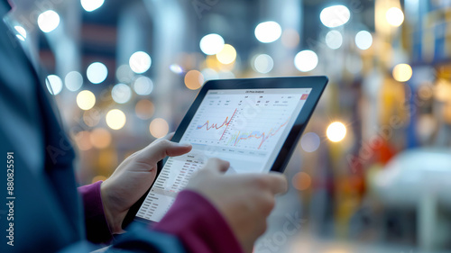 An energy business operator checking an oil price chart on a tablet while standing in a refinery.