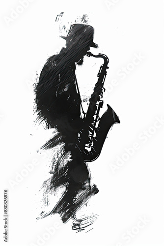 A black and white sketch of a saxophonist