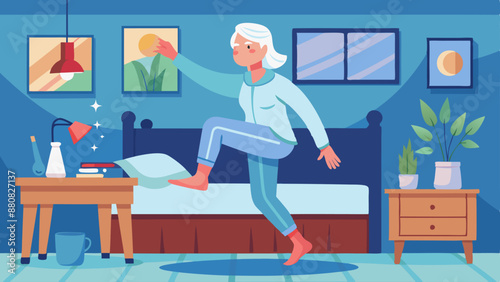 Elderly woman doing leg exercises in her bedroom. The room is decorated with pictures, houseplants, and a bedside table.