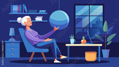 Elderly woman holding an exercise ball while sitting in a chair indoors. The room is softly lit with houseplants and a desk.
