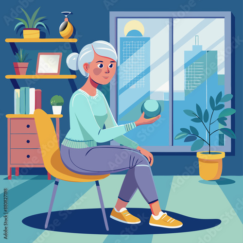Elderly woman holding a ball while sitting on a chair indoors. The room has a modern design with shelves, books, and plants.