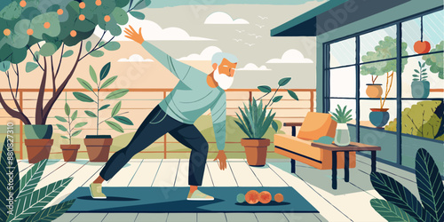 Elderly man stretching on a balcony filled with potted plants. The scene is bright and peaceful with a modern outdoor setting.
