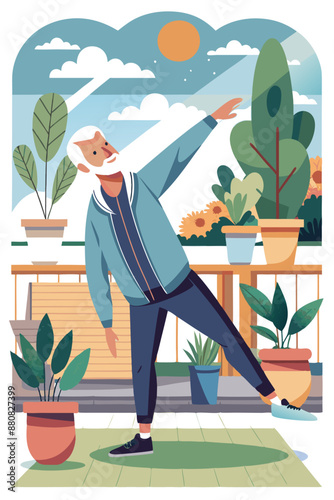 Elderly man stretching on a sunny porch surrounded by potted plants. The scene is bright and cheerful with greenery.