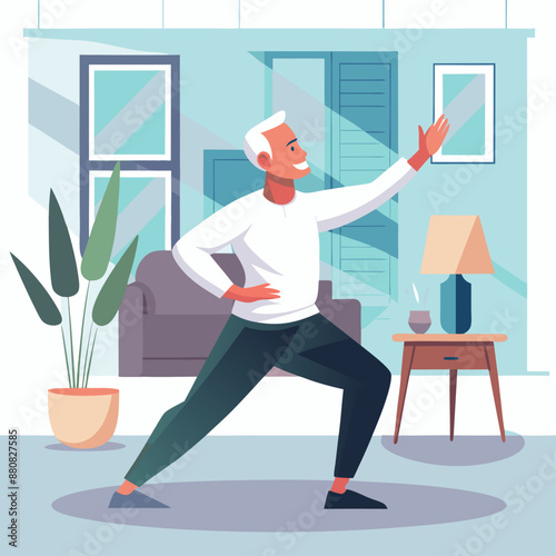 Elderly man performing a Tai Chi pose in a modern living room. The room has houseplants, a lamp, and large windows