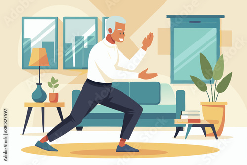Elderly man practicing Tai Chi in a bright living room. The room features a sofa, houseplants, and framed pictures on the wall.